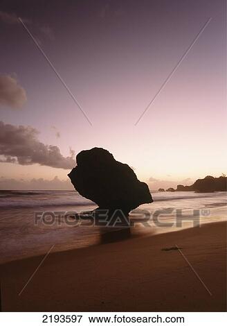 Stock Photo - Barbados, Silhouette of strange shaped rock at dawn off the beach; Bathsheba. Fotosearch