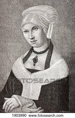 Stock Image - Barbara Of Poland, 1478 - 1534. Princess Of Poland And A Duchess Of Saxony. After A Work By Lucas Cranach The Elder. From Les Artes Au Moyen Age, Published Paris 1873.. Fotosearch