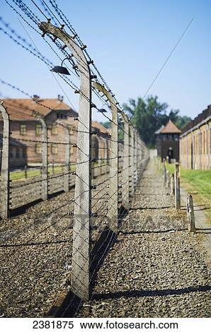 Stock Photography - Barbed wire fences with cell blocks and guard tower in Auschwitz concentration camp; Osweciem, Poland. Fotosearch