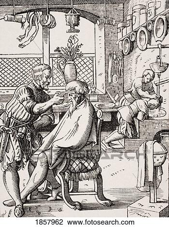 Stock Image - Barber. 19Th Century Reproduction Of 16Th Century Woodcut By Jost Amman. Fotosearch