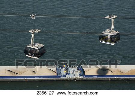 Stock Photo - Barge and cable car; Koblenz, Rhineland-Palatinate, Germany. Fotosearch