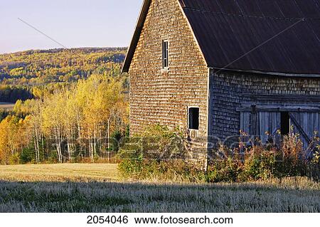 Stock Photograph - Barn At Sunset, Bas-Saint-Laurent Region, Saint-Louis-Du-Ha Ha, Quebec. Fotosearch
