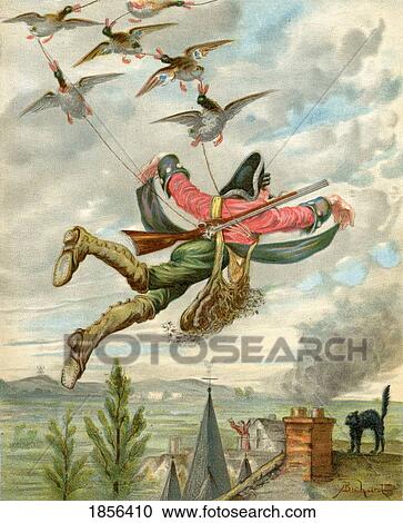 Stock Image - Baron Munchausen Lifted From Earth By Ducks Illustration By Alphonse Adolf Bichard From The Book The Adventures Of Baron Munchausen Published C1886. Fotosearch