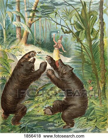 Stock Photo - Baron Munchausen Throws His Silver Hatchet At The Bears Illustration By Alphonse Adolf Bichard From The Book The Adventures Of Baron Munchausen Published C1886. Fotosearch