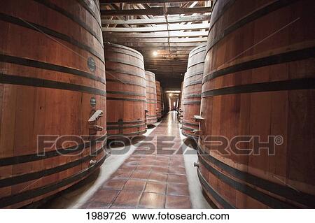 Stock Photograph - Barrels in the historic cellar of Vina Cousino Macul winery, Santiago, Metropolitan Region, Chile. Fotosearch