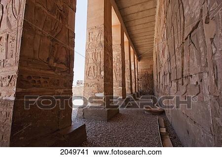 Stock Image - Bas-Reliefs On The Portico Of The Temple Of Seti I, Abydos, Sohag, Egypt. Fotosearch