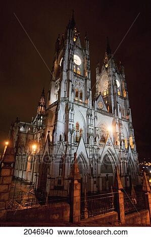 Stock Image - Basilica Del Voto Nacional At Night, Quito, Pichincha, Ecuador. Fotosearch