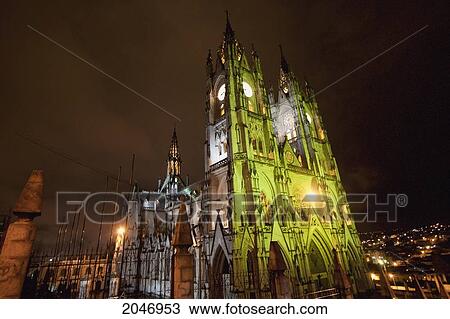 Stock Image - Basilica Del Voto Nacional At Night, Quito, Pichincha, Ecuador. Fotosearch