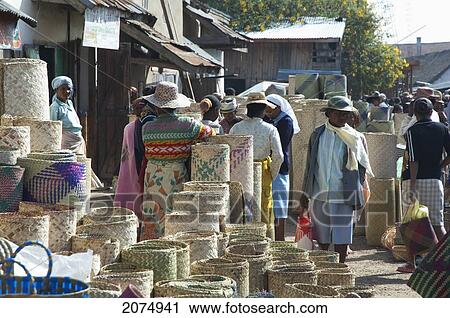 Stock Image - Baskets For Sale At The Weekly Market In Fianarantsoa, Madagascar. Fotosearch