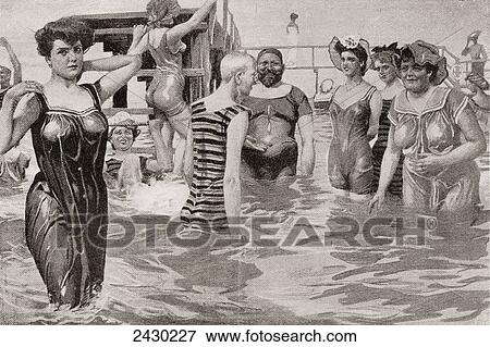 Stock Photo - Bathing acquaintances in the 19th century. From Illustrierte Sittengeschichte vom Mittelalter bis zur Gegenwart by Eduard Fuchs, published 1909.. Fotosearch
