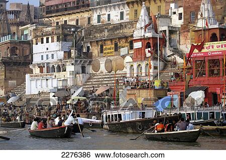 Bathing ghats on the River Ganges; Varanasi, India View Large Photo Image Stock Photograph - Bathing ghats on the River Ganges; Varanasi, India. Fotosearch
