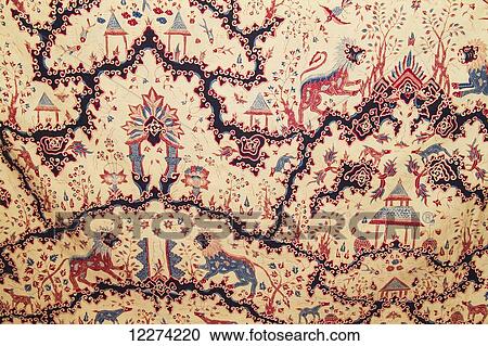 Stock Image - Batik fabric on display at the Danar Hadi Batik Museum, Surakarta (Solo), Central Java, Indonesia. Fotosearch