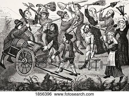 Stock Photograph - Battle Of Peasants And Beggars Over A Barrel Of Wine. After A Miniature In Roi Modus A 15Th Century Manuscript From Science And Literature In The Middle Ages By Paul Lacroix Published London 1878. Fotosearch