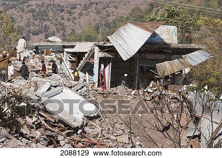 Stock Photo - Bazaar Destroyed By The 8 October 2005 Earthquake, Chinari, Azad Kashmir, Pakistan. Fotosearch