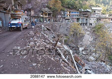Stock Photo - Bazaar Destroyed By The 8 October 2005 Earthquake, Chinari, Azad Kashmir, Pakistan. Fotosearch