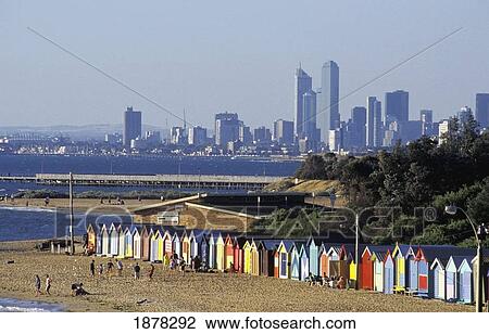 Beach Huts Along The Coast And Modern Skyline View Large Photo Image Stock Image - Beach Huts Along The Coast And Modern Skyline. Fotosearch