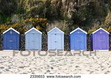 Stock Image - Beach Huts At Bournemouth Beach; Bournemouth, Dorset, England. Fotosearch