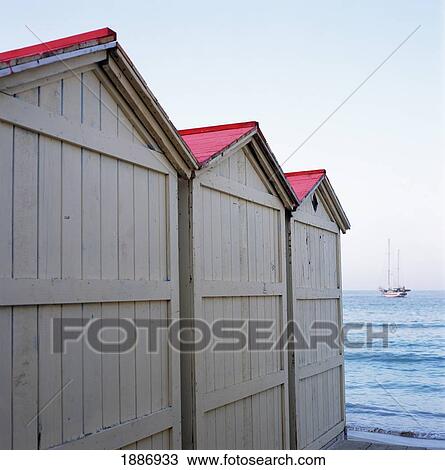 Beach Huts At Mondello, Leading To The Sea, With A Yacht In The Distance View Large Photo Image Stock Image - Beach Huts At Mondello, Leading To The Sea, With A Yacht In The Distance. Fotosearch