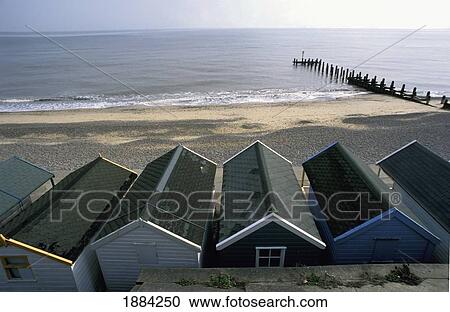 Stock Image - Beach Huts On The Beach, High Angle View. Fotosearch