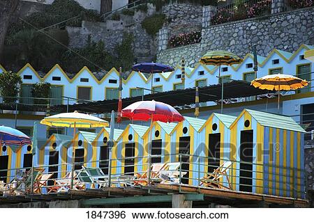 Stock Photograph - Beach Huts With Umbrellas And Sunloungers; Capri, Italy. Fotosearch