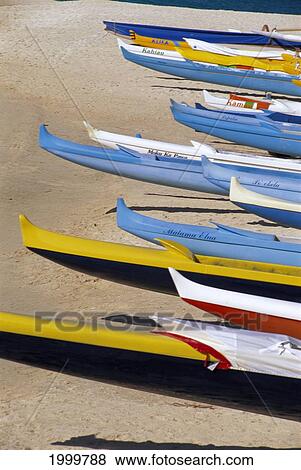 Beach Lined With Many Outrigger Canoe, Close-Up Slanted View Colorful View Large Photo Image Stock Photo - Beach Lined With Many Outrigger Canoe, Close-Up Slanted View Colorful. Fotosearch