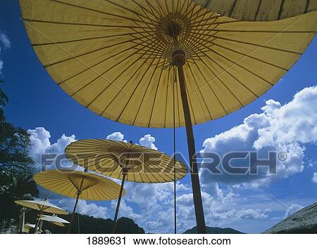 Stock Image - Beach Umbrellas On Beach, Low Angle View. Fotosearch