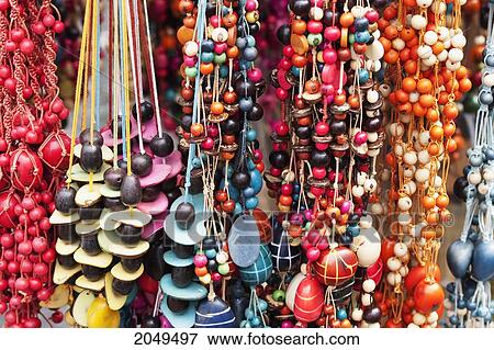 Stock Photo - Bead Necklaces For Sale At The Saturday Crafts Market, Otavalo, Imbabura, Ecuador. Fotosearch
