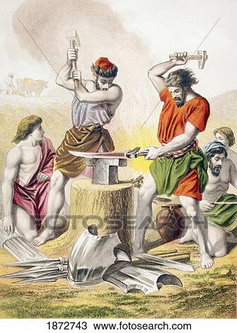 Stock Image - Beating The Swords Into Ploughshares. From The Holy Bible Published By William Collins, Sons, & Company In 1869. Chromolithograph By J. M. Kronheim & Co.. Fotosearch