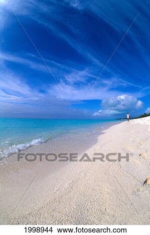 Beautiful Beach With Turquoise Water And Blue Sky, Man Walks On Sand View Large Photo Image Picture - Beautiful Beach With Turquoise Water And Blue Sky, Man Walks On Sand. Fotosearch