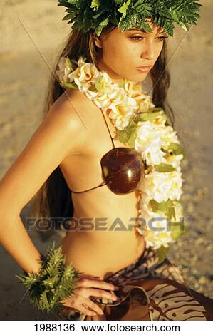 Stock Photograph - Beautiful Hawaiian Hula Girl On A Tropical Beach.. Fotosearch