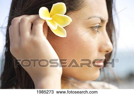 Stock Image - Beautiful Young Woman With A Plumeria In Her Hair.. Fotosearch