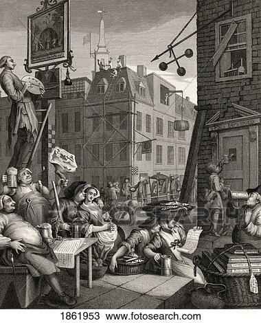 Stock Image - Beer Street And Gin Lane Beer Street From The Original Design By Hogarth From The Works Of Hogarth Published London 1833. Fotosearch