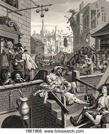 Stock Photo - Beer Street And Gin Lane Gin Lane From The Original Design By Hogarth From The Works Of Hogarth Published London 1833. Fotosearch