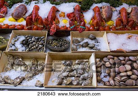 Stock Image - Belgium, Brussels, Restaurant Seafood Display In Rue Des Bouchers. Fotosearch