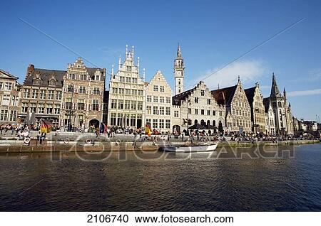 Stock Image - Belgium, Ghent, Town skyline; Graslei. Fotosearch
