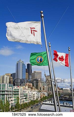 Bell Street Pier Flags; Seattle, Washington State, Usa View Large Photo Image Stock Photography - Bell Street Pier Flags; Seattle, Washington State, Usa. Fotosearch