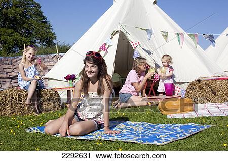 Stock Image - Bell Tent Camping On Grittenham Farm, Tillington, UK. Fotosearch