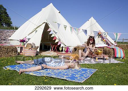 Stock Photo - Bell Tent Camping On Grittenham Farm, Tillington, UK. Fotosearch