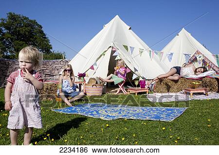 Stock Photograph - Bell Tent Camping On Grittenham Farm, Tillington, UK. Fotosearch