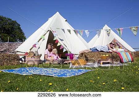 Stock Photograph - Bell Tent Camping On Grittenham Farm, Tillington, UK. Fotosearch