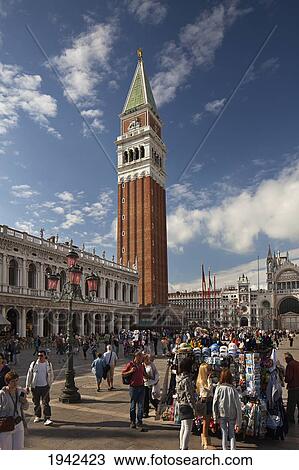 Bell Tower In St. Mark's Square And Street Vendors Selling Their Wares; Venice Italy View Large Photo Image Stock Image - Bell Tower In St. Mark's Square And Street Vendors Selling Their Wares; Venice Italy. Fotosearch