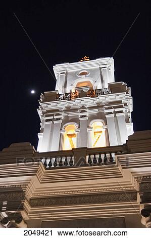 Stock Image - Bell Tower Of Cathedral Of The Immaculate Conception (New Cathedral) At Night, Cuenca, Azuay, Ecuador. Fotosearch
