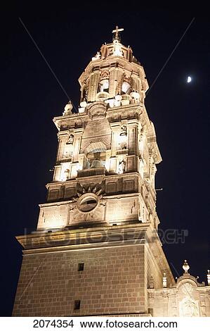 Bell Tower Of The Cathedral At Night, Morelia, Michoac View Large Photo Image Picture - Bell Tower Of The Cathedral At Night, Morelia, Michoac. Fotosearch