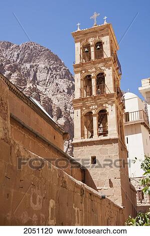 Stock Image - Bell Tower Of The Great Basilica Of The Transfiguration (Catholicon Of The Transfiguration) In The Holy Monastery Of St. Catherine At Mount Sinai, South Sinai, Egypt. Fotosearch