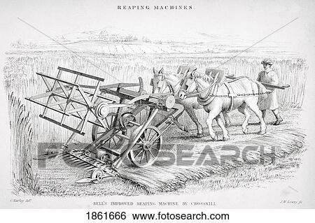 Stock Photograph - Bell's Improved Reaping Machine By Crosskill Designed By Patrick Bell Built By Crosskill From Print Circa 1850 Engraved By J. W. Lowry After Cornelius Varley. Fotosearch