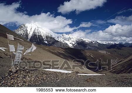 Stock Image - Bhutan, Himalayas, Snow-capped mountains in background; Jarala Pass, Prayer flags on hillside. Fotosearch
