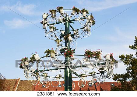 Stock Image - Bicycle art installation in old city of Kaunas; Kaunas, Lithuania. Fotosearch