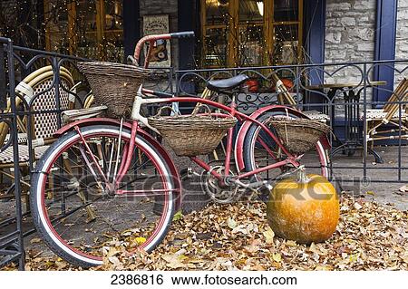 Bicycle with a basket parked outside a restaurant patio with a pumpkin and fallen autumn leaves on the ground; Quebec City, Quebec, Canada View Large Photo Image Stock Photograph - Bicycle with a basket parked outside a restaurant patio with a pumpkin and fallen autumn leaves on the ground; Quebec City, Quebec, Canada. Fotosearch