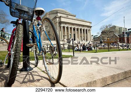 Stock Image - Bicycles Parked In Front Of The Library Of Columbia University, Manhattan, New York, Usa. Fotosearch