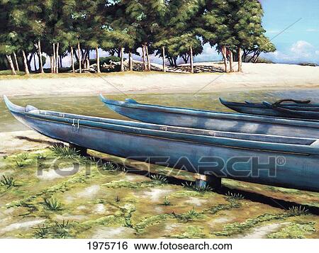 Biding Time - Blue Outrigger Canoes (Acrylic Painting). View Large Photo Image Stock Photograph - Biding Time - Blue Outrigger Canoes (Acrylic Painting).. Fotosearch